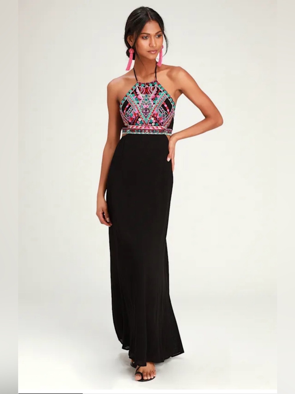 ⁠Lulus Boho Chic Embellished Halter Neck Long Black Maxi Dress⁠